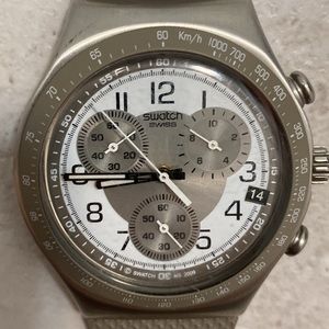 Men’s Swatch Watch; grey. 1in wide, 9in long. Just needs a battery!